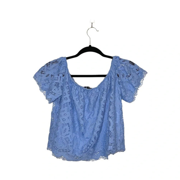 Express Periwinkle Blue Allover Lace Lined Off the Shoulder Top Medium Women’s - Picture 11 of 11